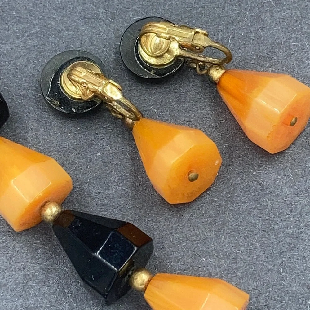 Vintage Bakelite Black Orange Pyramid Bead Necklace Earring Set